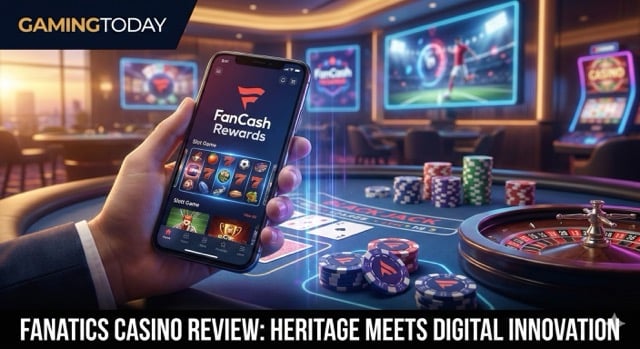 Fanatics Casino mobile app on a smartphone over a luxury casino table with a roulette wheel and stacks of chips.