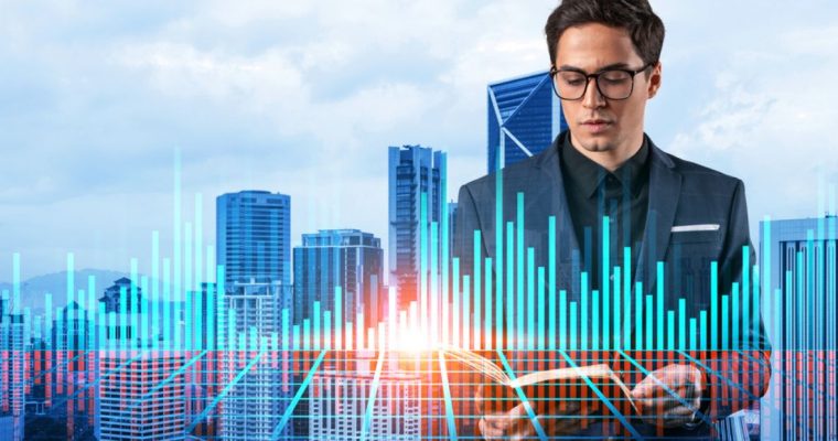 Digital Bar Graph Overlay on Image of Business Man In Front of Cityscape