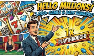 Comic book style illustration for Hello Millions sweepstakes casino spotlight, highlighting 1,000+ games, daily rewards, and 1x playthrough.