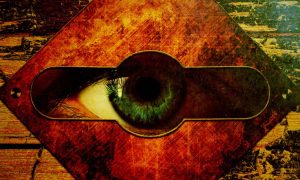 Green Eye Peers Through Square Shaped Keyhole on Wooden Door