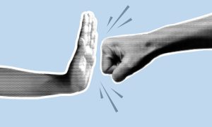 Collage Image Shows Two Opposing Hands, One in Fist and One in Stop Gesture