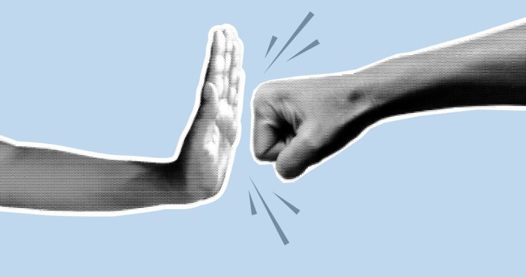Collage Image Shows Two Opposing Hands, One in Fist and One in Stop Gesture