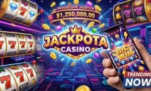 Jackpota Casino graphic featuring a mobile slot win, progressive jackpot ticker, and Trending Now text.