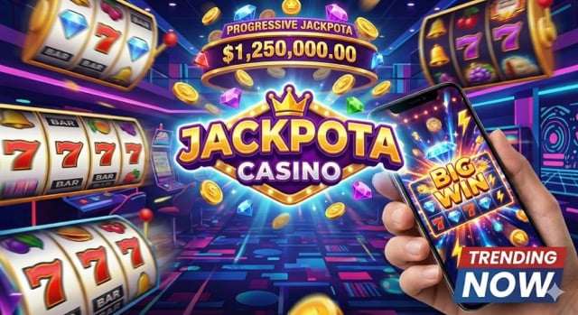 Jackpota Casino graphic featuring a mobile slot win, progressive jackpot ticker, and Trending Now text.