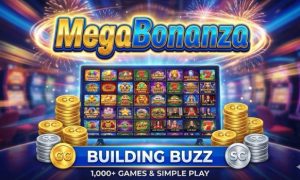 High-energy MegaBonanza promotional graphic featuring a game lobby grid, stacks of GC and SC coins, and text "Building Buzz: 1,000+ Games & Simple Play."