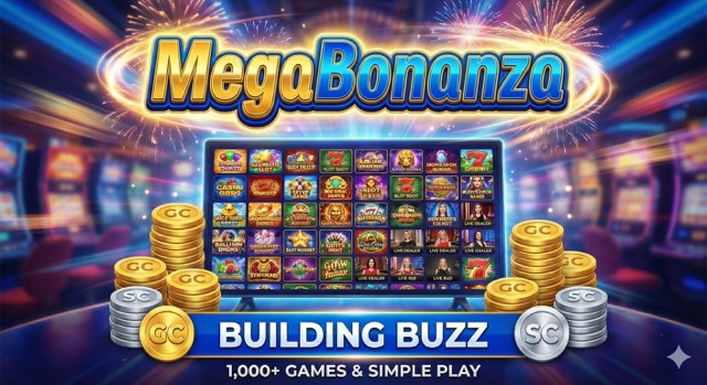High-energy MegaBonanza promotional graphic featuring a game lobby grid, stacks of GC and SC coins, and text "Building Buzz: 1,000+ Games & Simple Play."