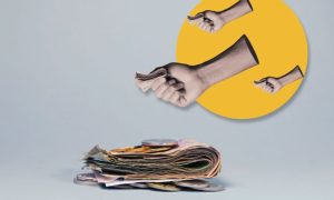 Three Isolated Hands Reach Out To Contribute Cash to A Pile of Cash at Center