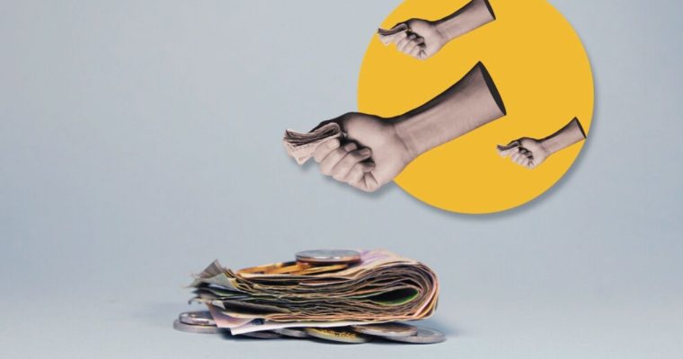 Three Isolated Hands Reach Out To Contribute Cash to A Pile of Cash at Center
