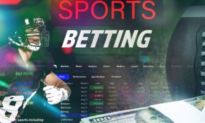 American Football Player with Image of Sports Betting Website, Ball and Stack of Cash