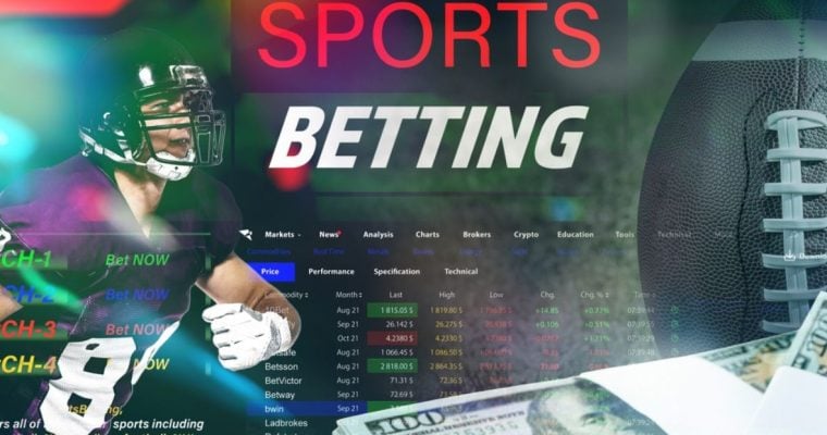 American Football Player with Image of Sports Betting Website, Ball and Stack of Cash