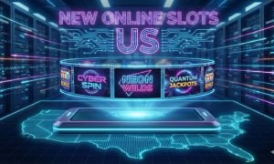Neon display of New Online Slots US text over a mobile phone and glowing map of the United States.