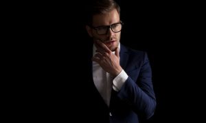 Well Dressed Man Wears White Shirt Collar, Blue Suit Jacket and Glasses
