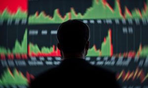 Man Stares At Red and Green Blurred Financial Market Graphs