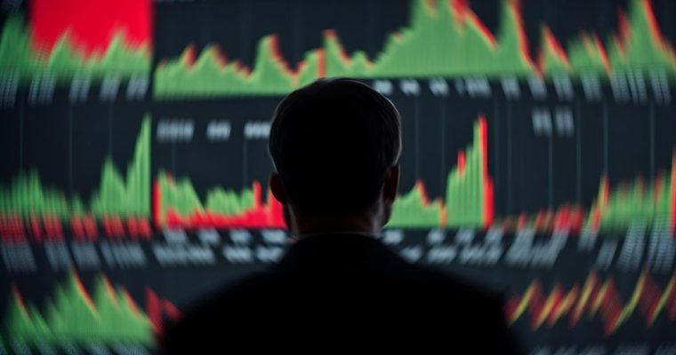 Man Stares At Red and Green Blurred Financial Market Graphs