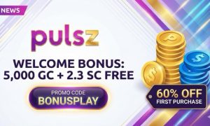 Pulsz Sweepstakes Casino welcome bonus graphic featuring 5,000 Gold Coins and 2.3 Sweepstakes Coins with promo code BONUSPLAY.