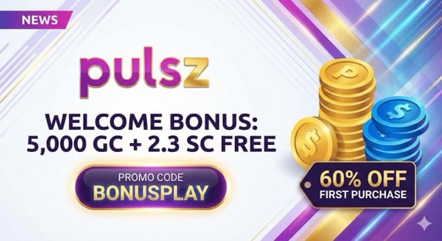 Pulsz Sweepstakes Casino welcome bonus graphic featuring 5,000 Gold Coins and 2.3 Sweepstakes Coins with promo code BONUSPLAY.