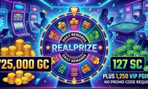 RealPrize Casino promotional banner featuring a rewards wheel, slot machines, and 725,000 GC + 127 SC welcome offer.