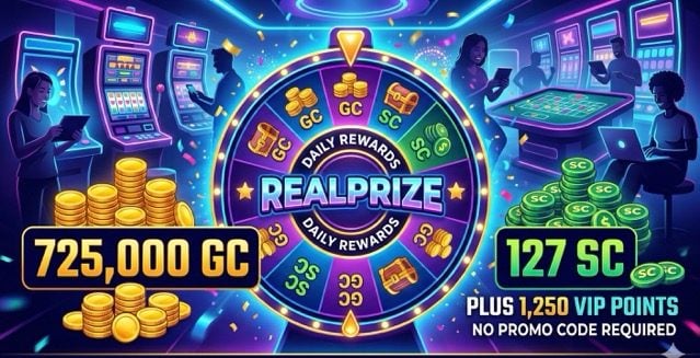 RealPrize Casino promotional banner featuring a rewards wheel, slot machines, and 725,000 GC + 127 SC welcome offer.