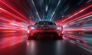 Red Race Car Speeds Forward With Blurred Neon Lights Background