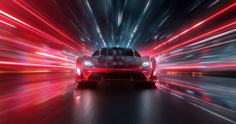 Red Race Car Speeds Forward With Blurred Neon Lights Background