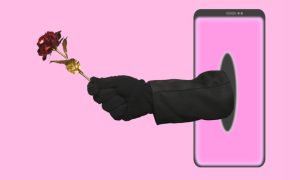 Hand in Black Clothing Reaches Through Cell Phone Giving Red Rose