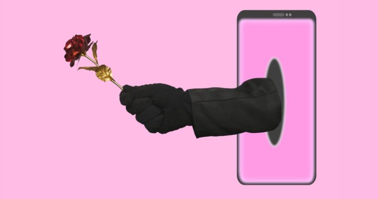 Hand in Black Clothing Reaches Through Cell Phone Giving Red Rose
