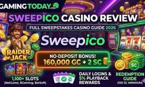 GamingToday.com Sweepico Casino review banner (2026 Guide) highlighting the 160,000 GC + 2 SC no-deposit bonus, 1,100+ slots, and 100 SC redemption minimum.