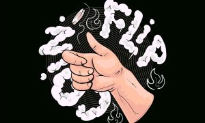 White Cloud Text Reads Coin Flip With Hand And Coin Vector Graphic