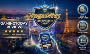 VegasWay sweepstakes casino review banner with Las Vegas skyline and welcome bonus badge.