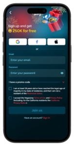 VegasWay Sweepstakes Casino sign-up page