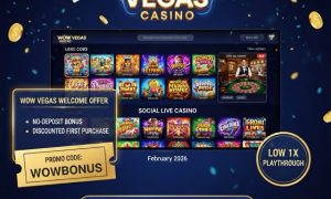 Gamingtoday graphic of WOW Vegas Casino on a tablet displaying the WOWBONUS welcome offer code, 1000+ games, and 1x playthrough details for February 2026.