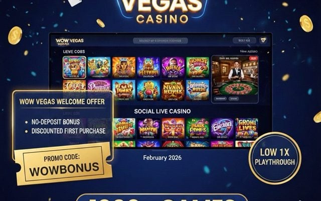 Gamingtoday graphic of WOW Vegas Casino on a tablet displaying the WOWBONUS welcome offer code, 1000+ games, and 1x playthrough details for February 2026.