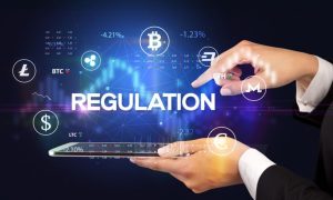 Text Regulation with Finance Icons Hover Over iPad in Woman's Hands