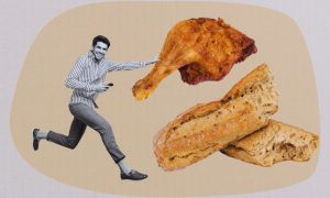 Black and White of Man Holding Cell Phone Next To Realistic Image of Chicken Leg and Bread Loaf
