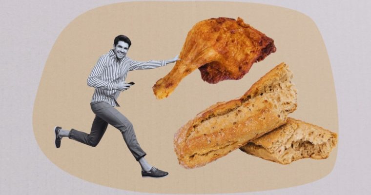 Black and White of Man Holding Cell Phone Next To Realistic Image of Chicken Leg and Bread Loaf