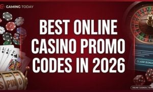 Best Online Casino Promo Codes 2026 text on a dark red background with realistic 3D casino chips, cards, and a roulette wheel.