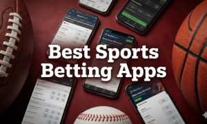 Top-down view of multiple smartphones displaying sportsbook app interfaces on a textured dark red background, framed by a football, basketball, and baseball with bold white 'Best Sports Betting Apps' text overlay.