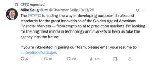 CFTC Chairman Michael S. Selig on X About Innovation Task Force