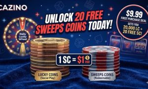 Promotional image for Cazino Casino with headline text "UNLOCK 20 FREE SWEEPS COINS TODAY!". Stacks of coins labeled "Lucky Coins (Social Play)" and "Sweeps Coins (Redeemable)". Central banner states "1 SC = $1 USD". A side badge reads: "$9.99 First Purchase Deal Gets You 20,000 LC + 20 Free SC!". Background features a Daily Lucky Wheel and slot machines.