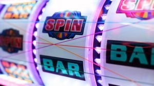 Colorful Slot Reels Display Bar and Spin Symbols with Diamonds Lining Separation