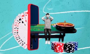 Colorful Poker Chips, Roulette Wheel, Playing Cards and Cell Phone Surround Man in Black and White