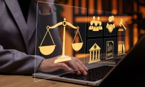 Person in Suit Uses Laptop And Digital Icons Overlay Displaying Legal Concept
