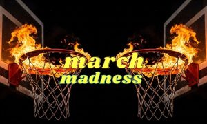 Opposing Basketball Hoops on Fire with March Madness Text at Center