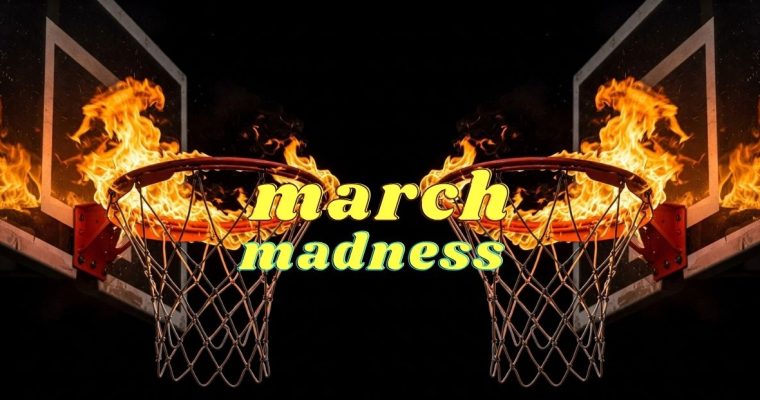 Opposing Basketball Hoops on Fire with March Madness Text at Center