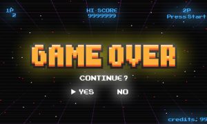 Retro Video Game Screen Displays Game Over Continue? in Orange and Black