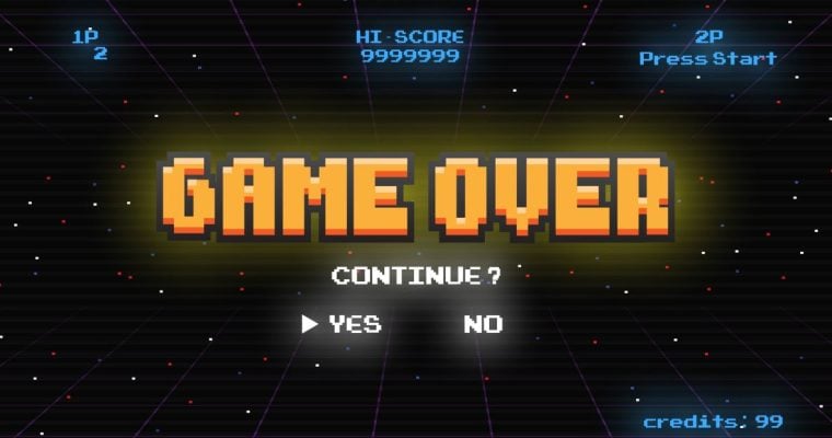 Retro Video Game Screen Displays Game Over Continue? in Orange and Black