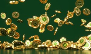 Four Leaf Clovers Design on Gold Coins Falling on Table