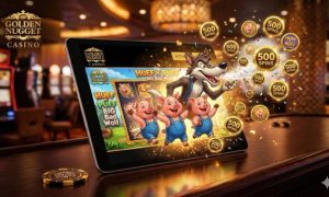 Golden Nugget Casino app on a tablet featuring Huff N' Puff slots and 500 spins promotional icons.