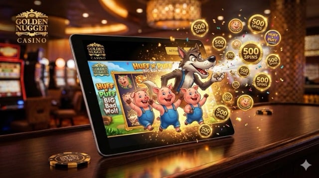 Golden Nugget Casino app on a tablet featuring Huff N' Puff slots and 500 spins promotional icons.