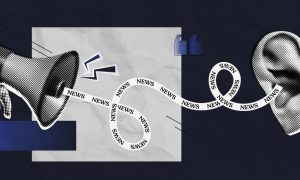 Art Collage Image of News Ribbon Swirling Between Megaphone and Ear